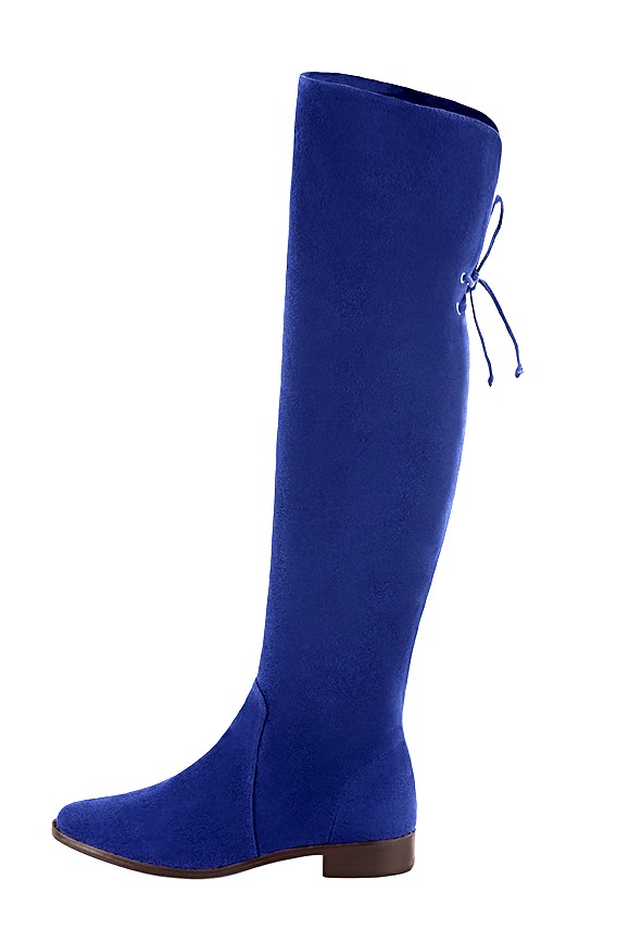 Electric blue women's leather thigh-high boots. Round toe. Flat leather soles. Made to measure. Profile view - Florence KOOIJMAN